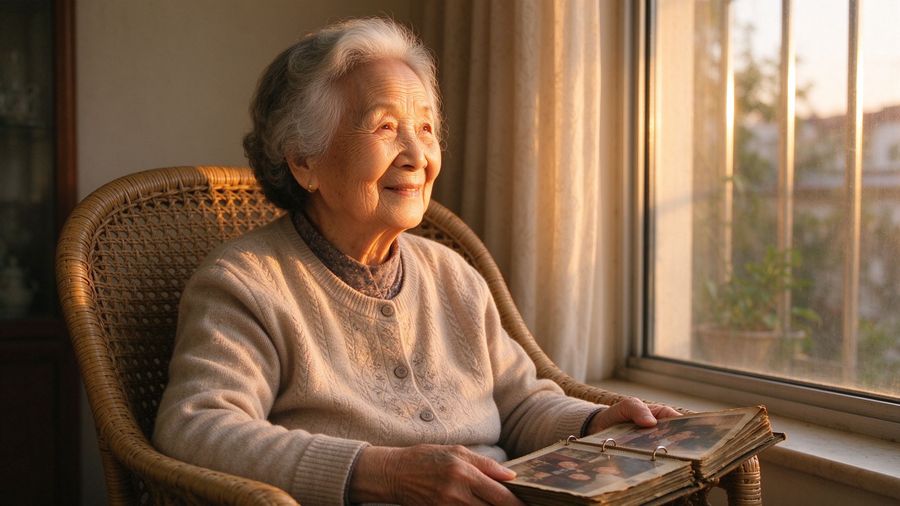 老人坐在窗边看相册